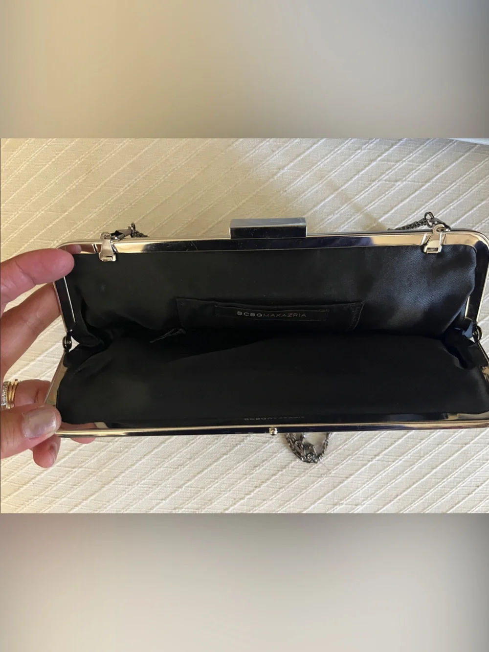 BCBGMaxAzria Black Satin Clutch with Gunmetal Chain